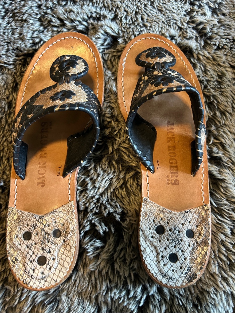 Jack Rogers Brown Leather Sandals with Black and Tan Snake-Print Straps 7
